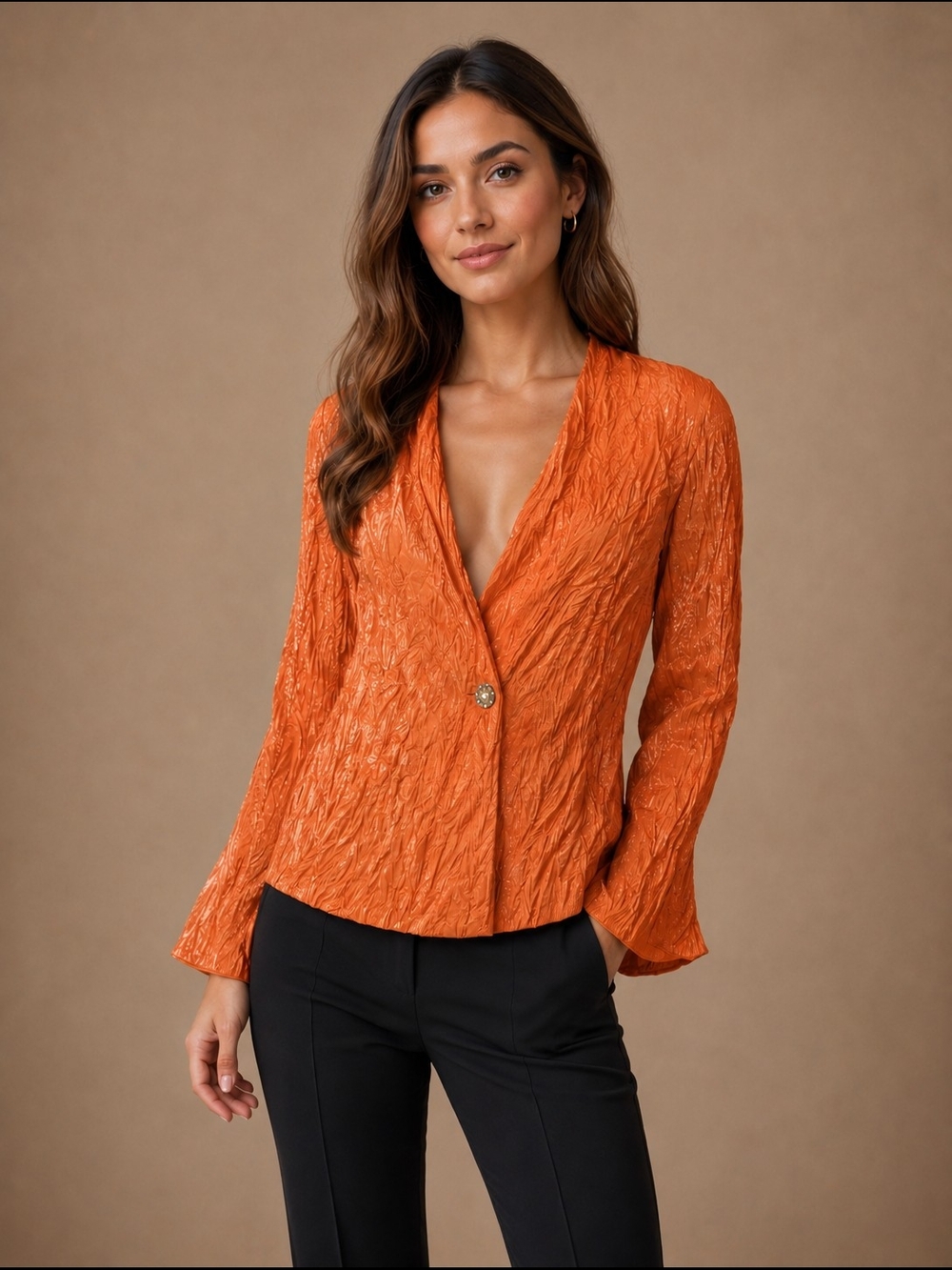 MSK Orange Crinkle Single-Button Blouse